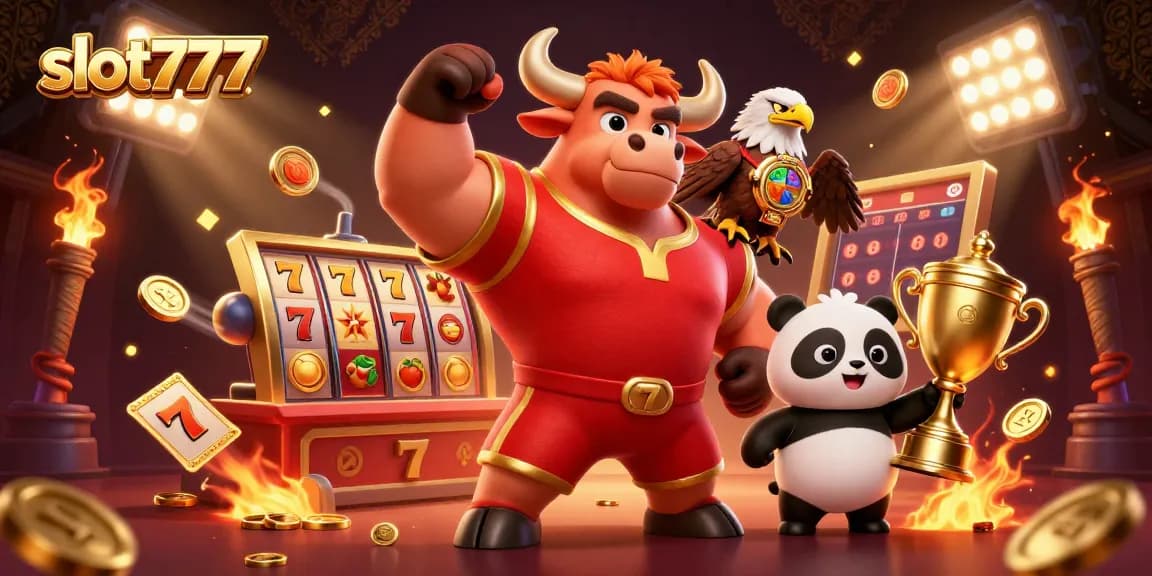 Mainkan slot777 dengan karakter lucu seperti banteng, elang, dan panda di permainan kasino yang seru.