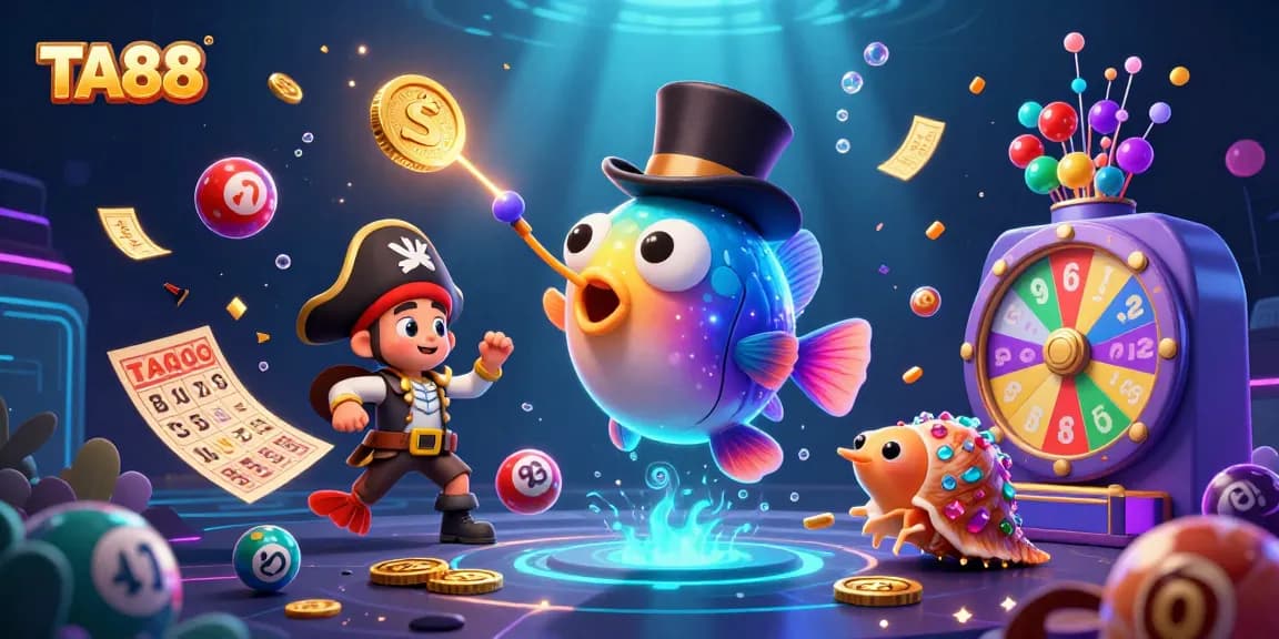 Engage with TA88 in a vibrant underwater casino scene featuring dynamic lottery and gaming elements.