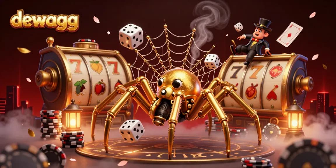 Dewagg showcases a vibrant casino scene with a cartoon spider, poker elements, and swirling golden confetti.