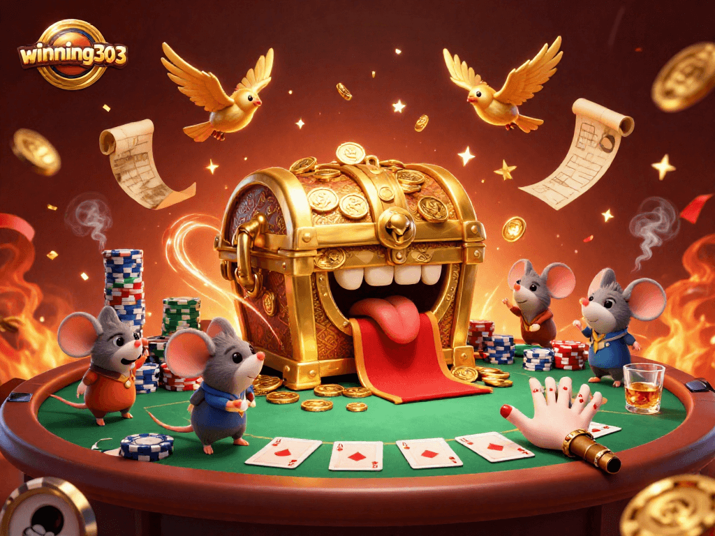 winning303 showcases a golden treasure chest luring adventurer mice in a vibrant casino scene