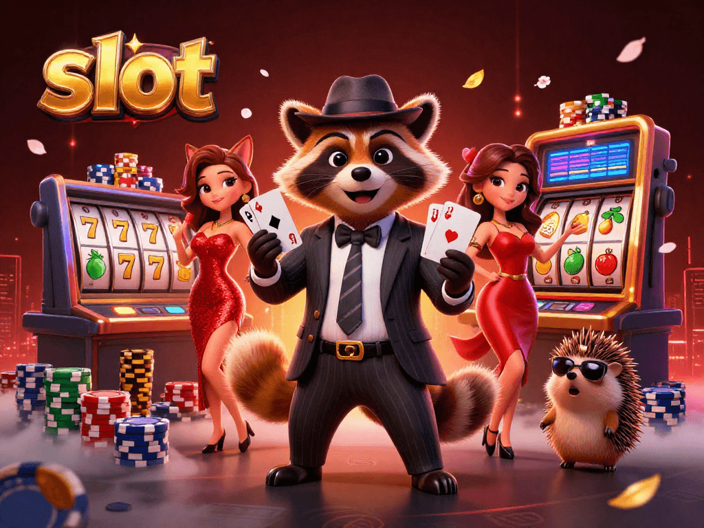 Spin the slot games with a suave raccoon, charming fox, and hedgehog bouncer in a vibrant casino scene.