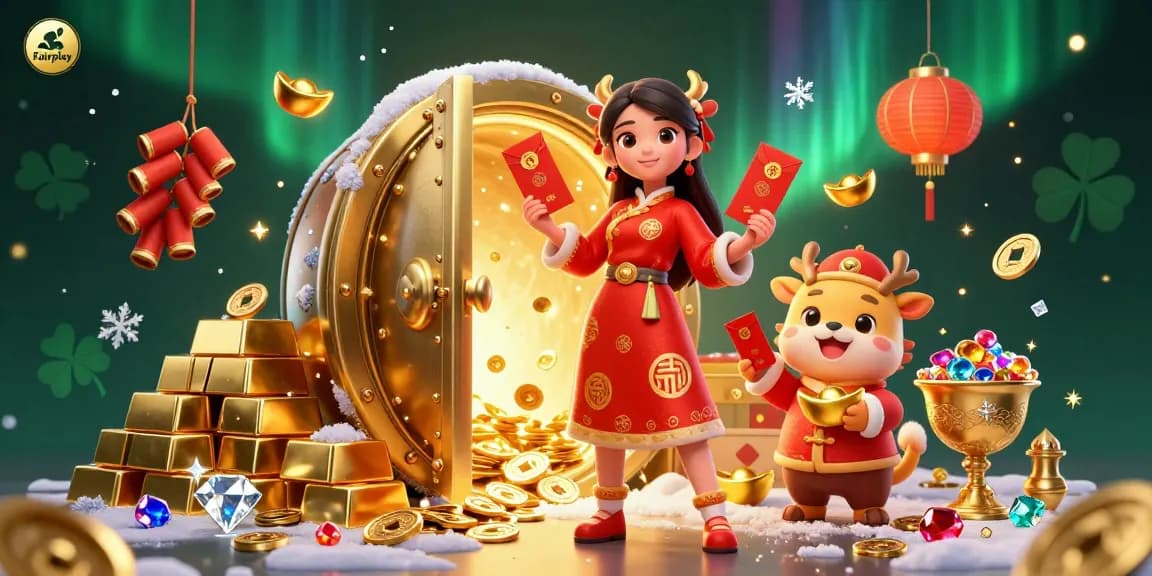 Experience Fairplay by winning big in this festive online casino scene filled with gold and fortune.