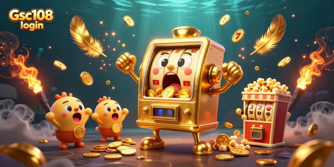 Experience Gsc108 login with dynamic slot action, featuring a joyous golden slot machine celebrating a jackpot.