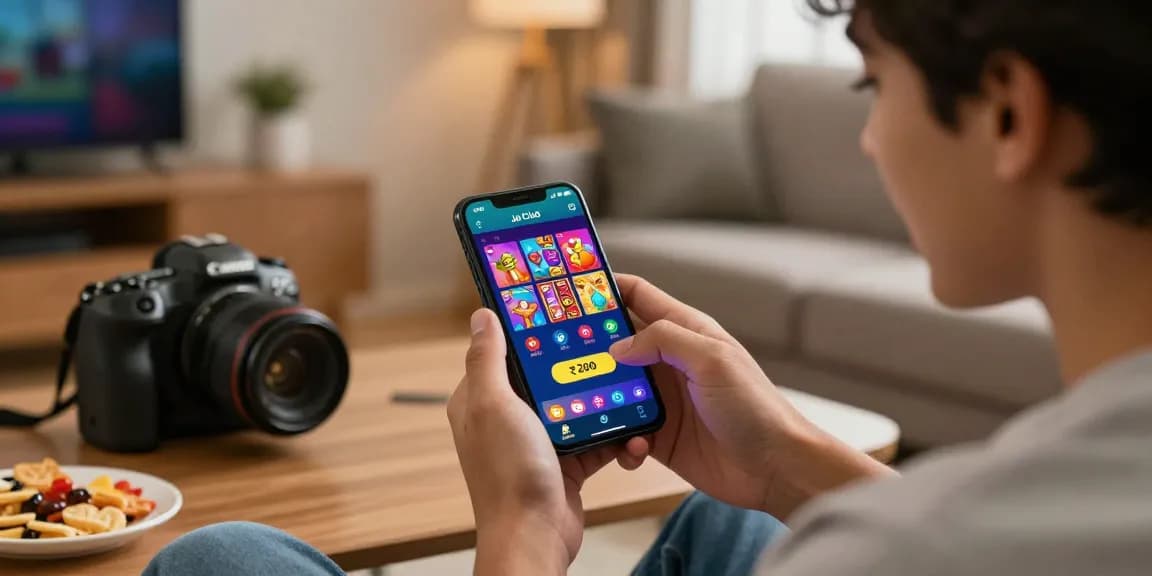 Engaging scene of a user exploring the jaiclub login on a smartphone, surrounded by vibrant game graphics and a cozy atmosphere.