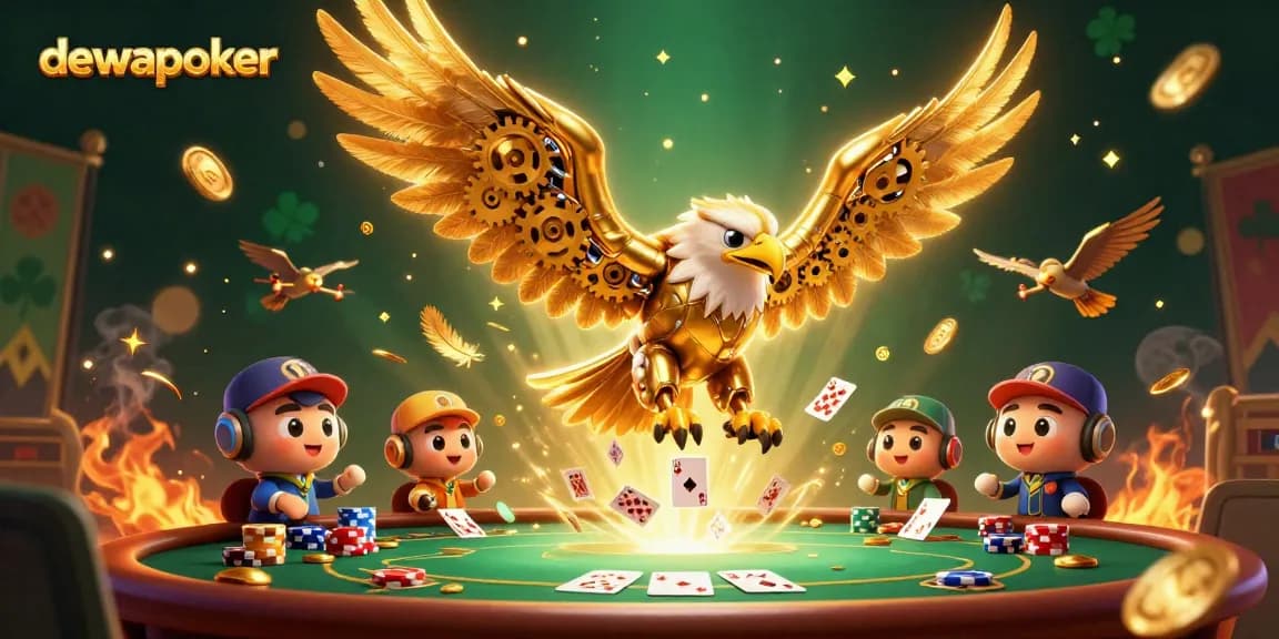 Menguasai permainan di Dewapoker dengan burung elang cybernetic terbang di tengah kartu yang menyebar dan simbol poker.