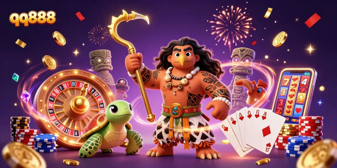 Win big with qq888 in a vibrant casino scene featuring lucky symbols and characters.