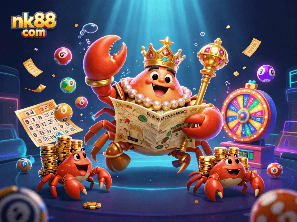 Win big at nk88 com with a dynamic scene of a golden crab emperor and lottery elements