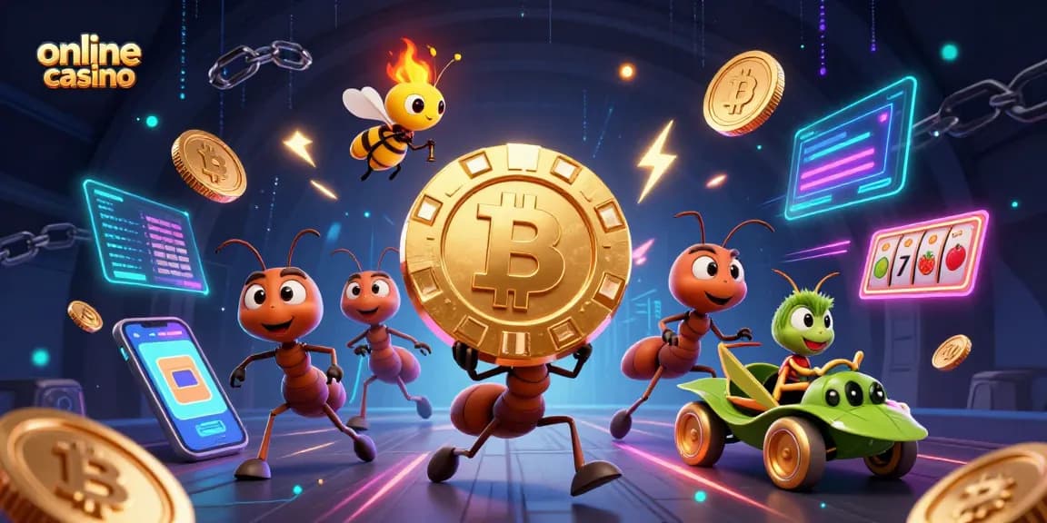 Watch ants navigate their online casino heist, showcasing vibrant slot elements and crypto coins.