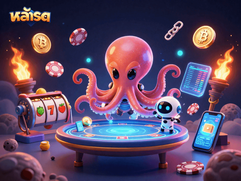 Engage with สล็อต at a dynamic poker table run by an alien octopus in a vibrant 3D casino scene.