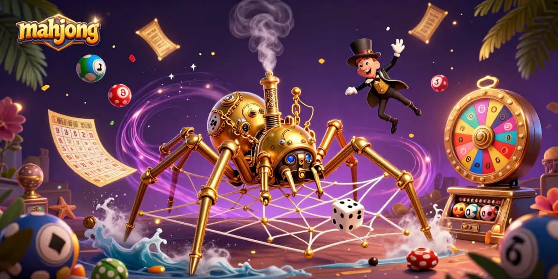Engage with mahjong excitement as a steampunk spider spins wins in a colorful casino scene.