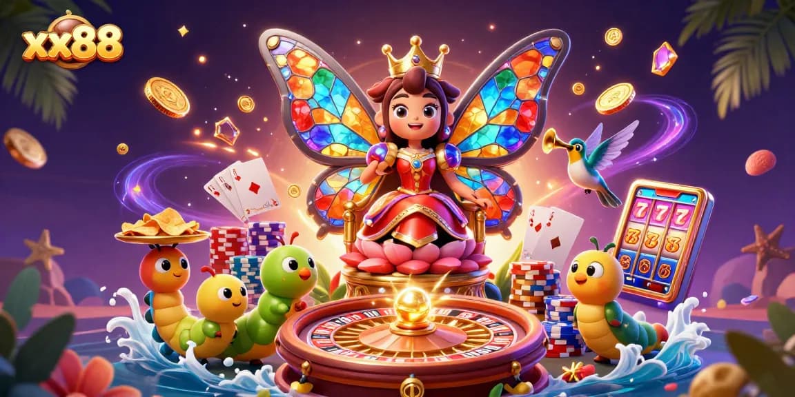 Win big at xx88 with an enchanting 3D scene of a butterfly queen, casino games, and dazzling prizes.