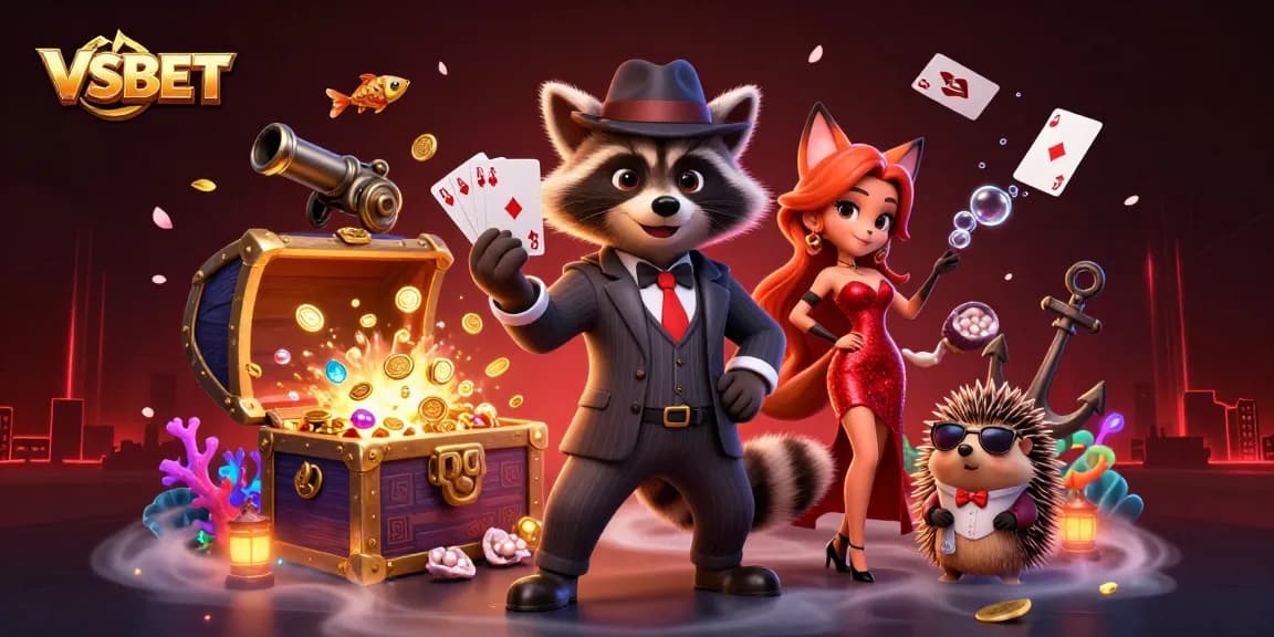 VSBET showcases excitement in a vibrant 3D casino scene with a raccoon, fox, and hedgehog.