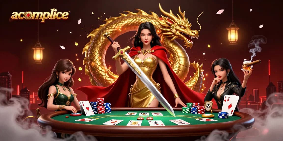 Engage with the accomplice in this vibrant illustration featuring an Asian warrior queen at a poker table.