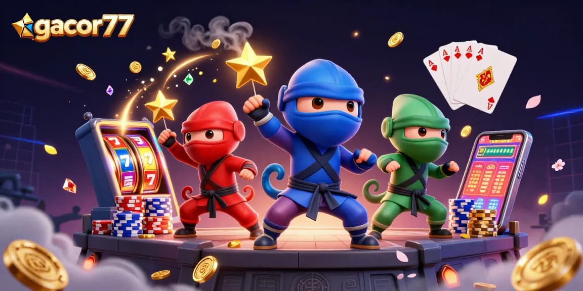 Gacor77 menghadirkan tim ninja chameleon beraksi di slot online dengan koin emas dan kartu permainan.