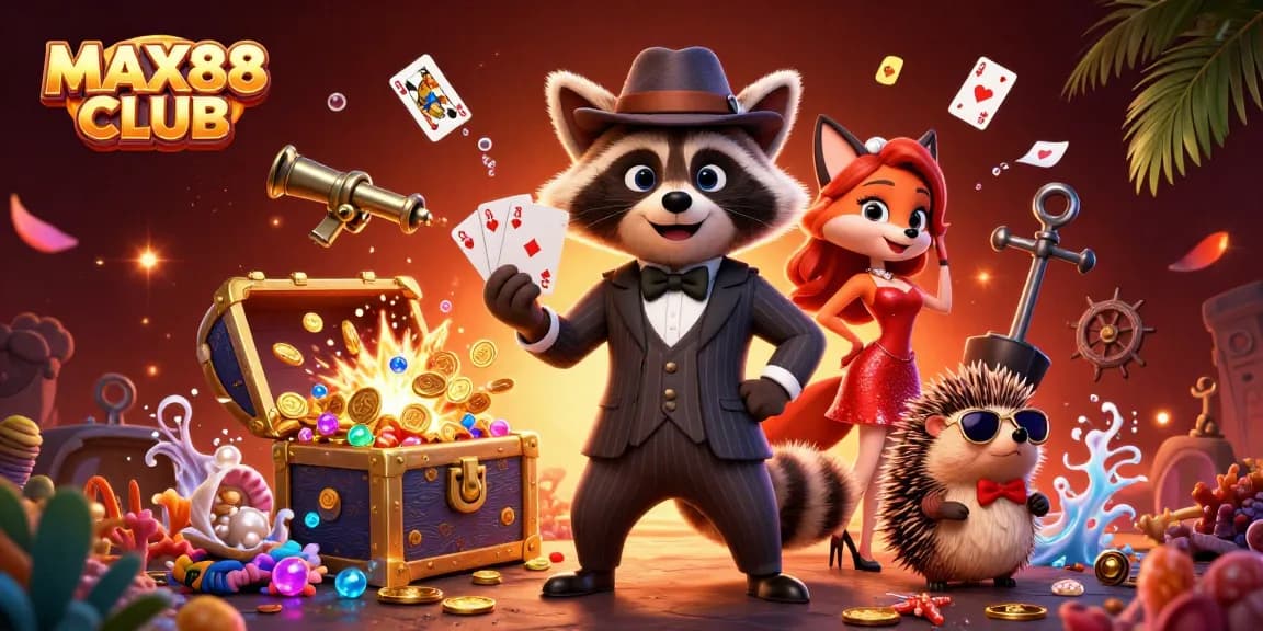 Experience excitement at MAX88 CLUB with charming characters and casino treasures in a 3D scene.