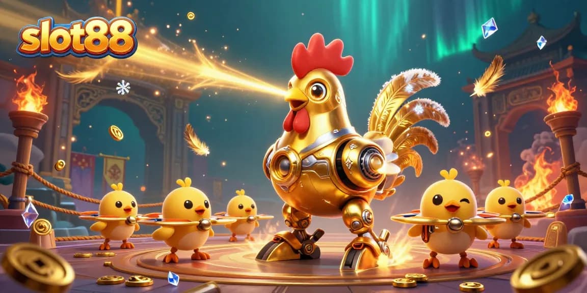 Menangkan kesempatan dengan slot88, menampilkan robot ayam emas futuristik dalam dunia perjudian yang memukau.