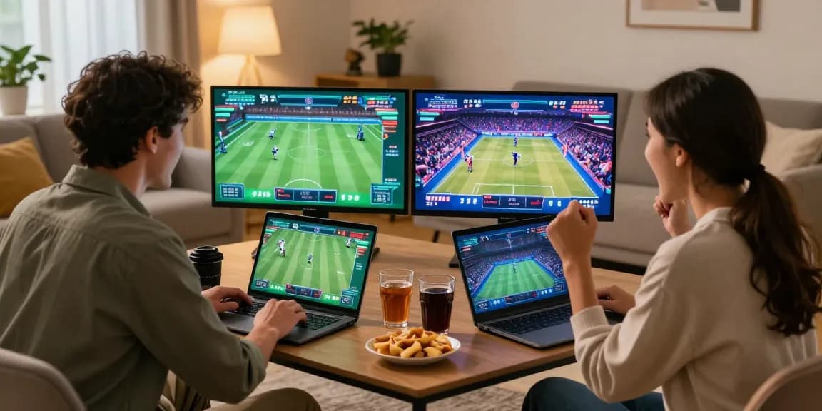 LUCK8 online betting excitement with couple watching sports events on laptops.