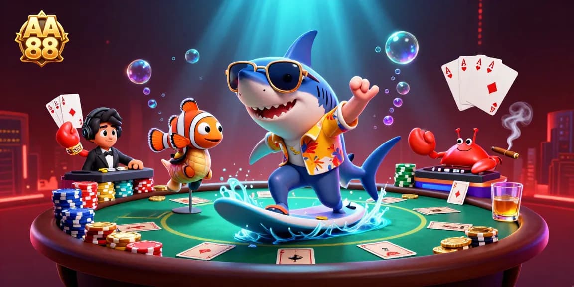 Engage with AA 88 on a vibrant 3D illustration featuring a shark, clownfish, and crab in a dynamic casino scene.