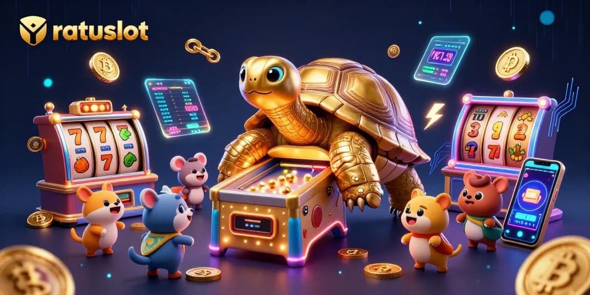 Experience thrilling slots at ratuslot with a golden tortoise pinball in action, surrounded by exciting casino elements.