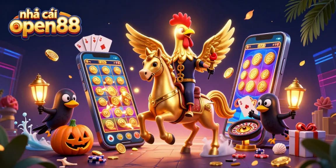 Engage with nhà cái open88 through a vibrant casino scene showcasing a golden rooster and gaming elements.