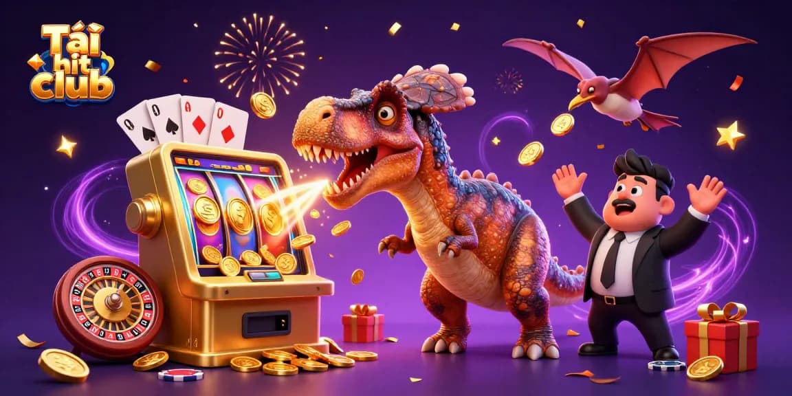 Tải hit club evokes excitement as cartoon dinosaurs animate a lively jackpot win scene.
