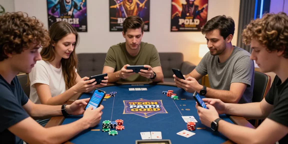Group of friends playing Teen Patti Gold with vibrant chips, enjoying the official link to the game.