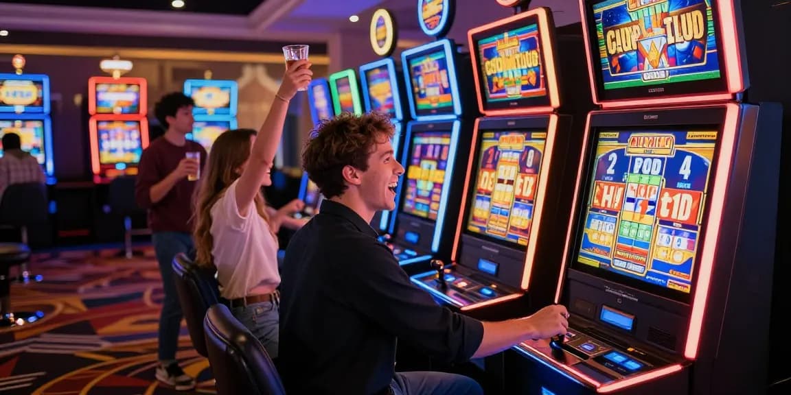 Menang di slot gacor dengan suasana kasino yang meriah dan penuh cahaya.