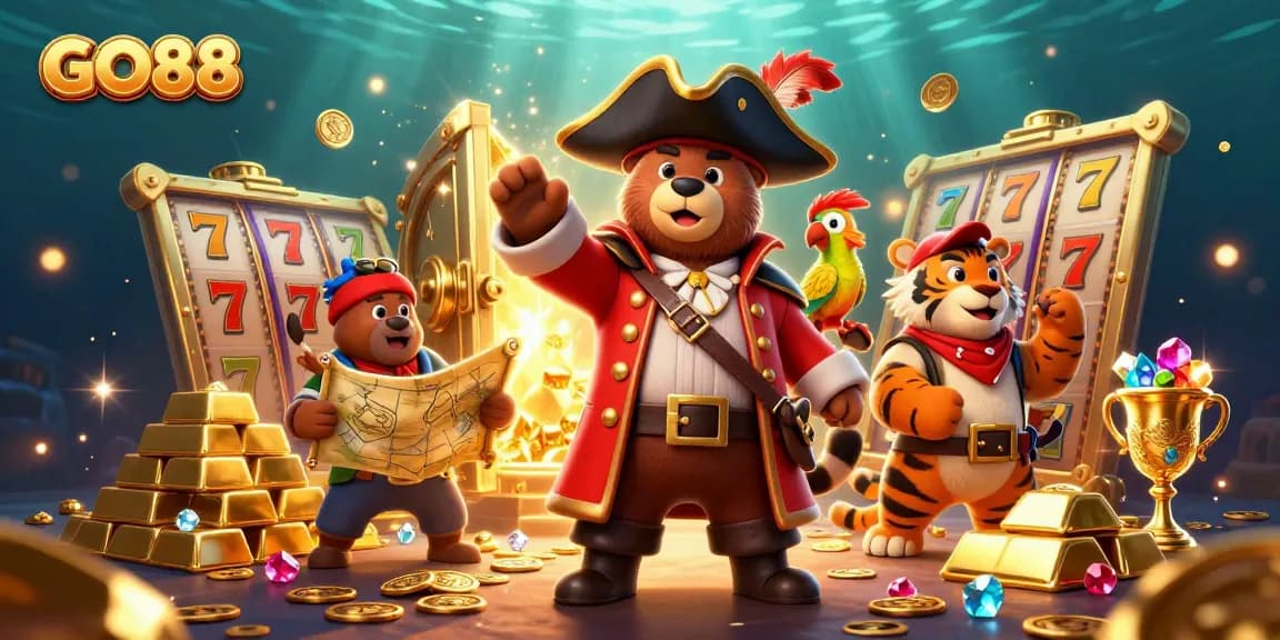 Spin to win with GO88 in this vibrant 3D casino adventure featuring dynamic slot reels and treasure.
