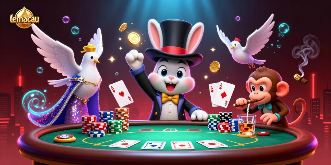 Play exciting casino games with Lemacau's vibrant 3D characters at a lively poker table.