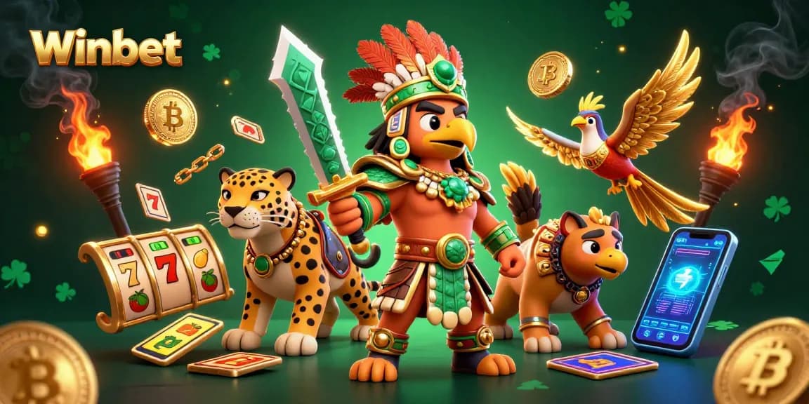 Winbet online casino illustration showcasing a vibrant scene with slot machines, crypto elements, and Aztec warriors.