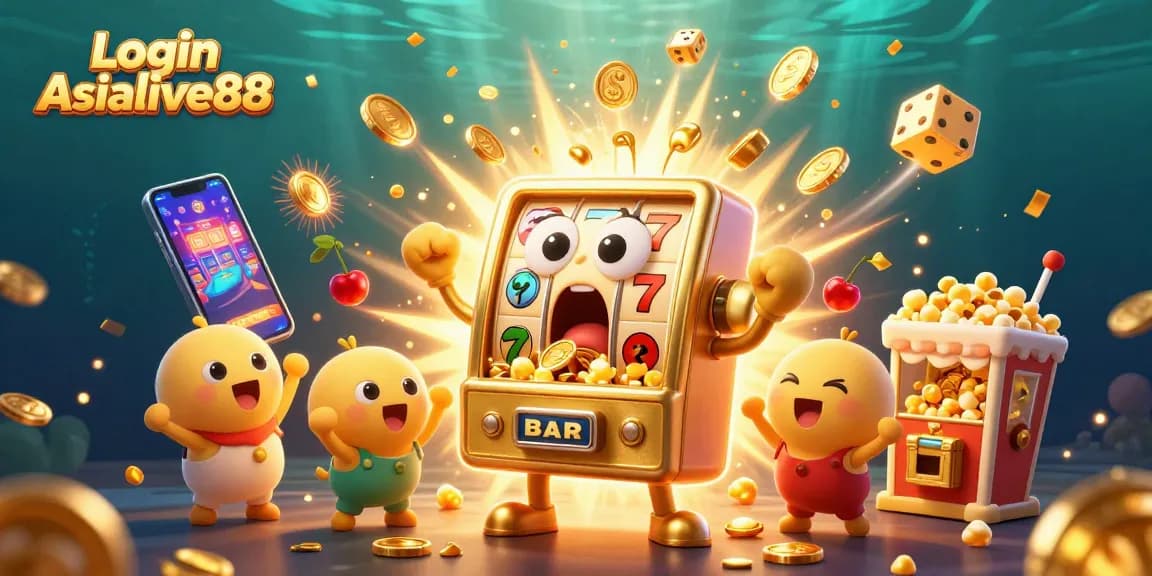 Experience excitement with Login Asialive88 at this dynamic casino illustration, showcasing jackpots and winnings.