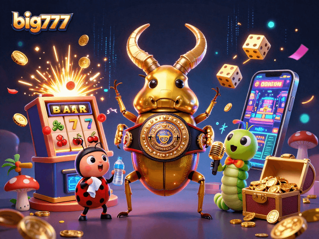 Engage with big777's thrilling casino adventures featuring a vibrant illustration of slot machines and gaming characters.