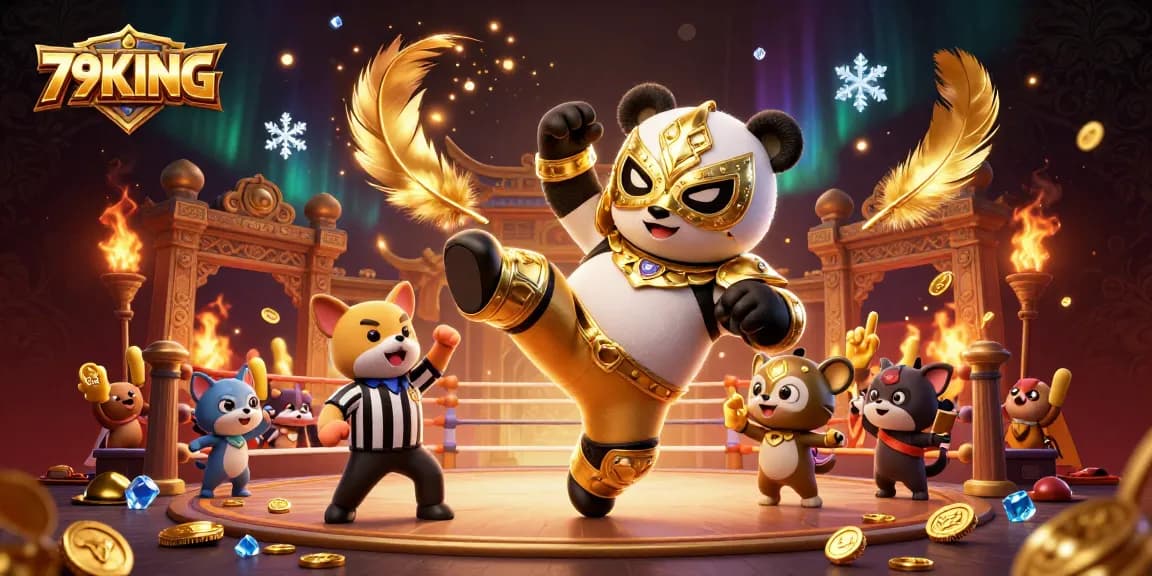 79KING showcases an exciting kick by a lucha libre panda in a dynamic casino scene.
