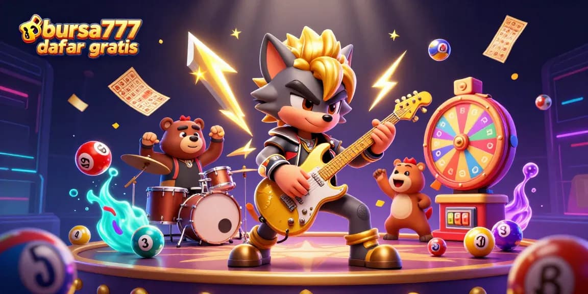Bursa777 daftar gratis showcases an electrifying casino scene with a rock star wolf and dynamic game elements.