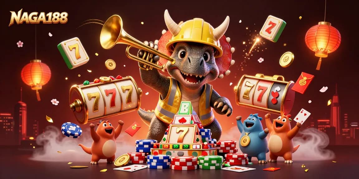 NAGA188 menawarkan pengalaman bermain slot dengan triceratops membangun piramida chip poker di latar belakang yang ceria.