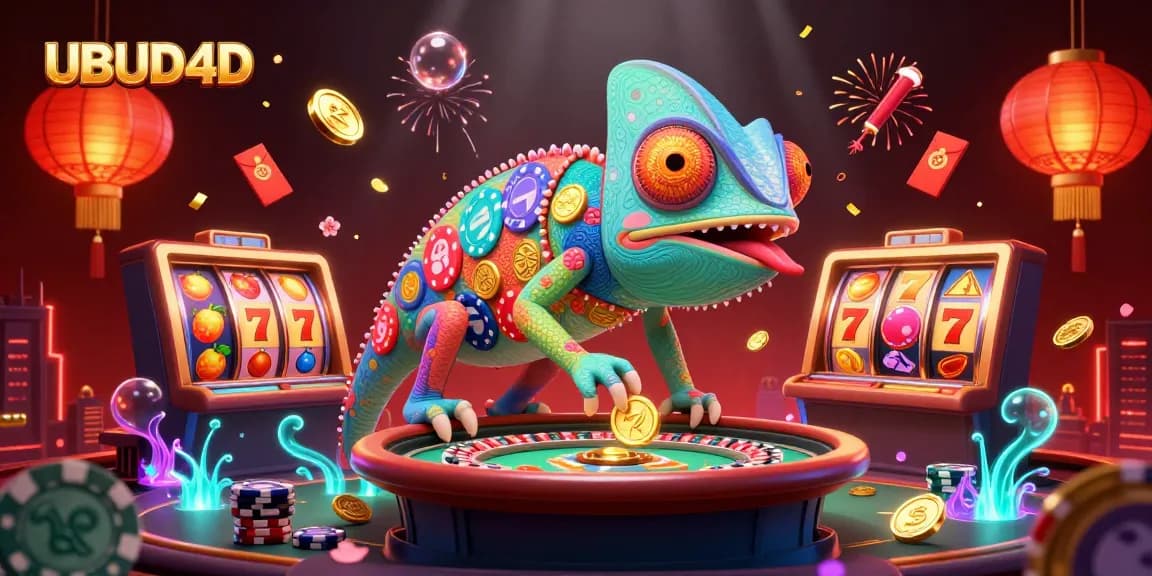 Experience thrilling gameplay in UBUD4D with vibrant slot reels and a captivating casino scene.