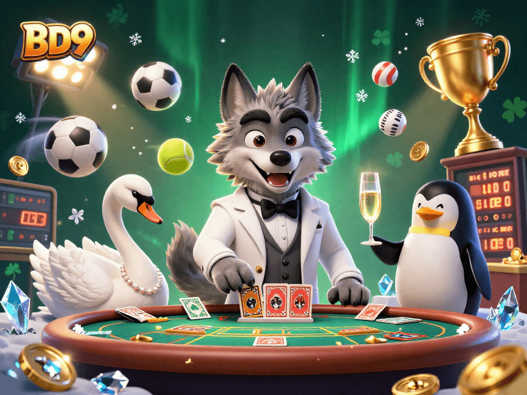 Experience exciting card dealing at BD9 casino with animated characters and dynamic sports elements.