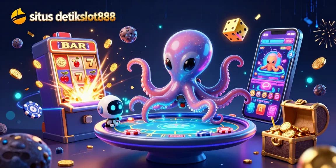 Situs detikslot888 menghadirkan atmosfer permainan dengan alien kartun dan robot yang berinteraksi di meja poker 3D