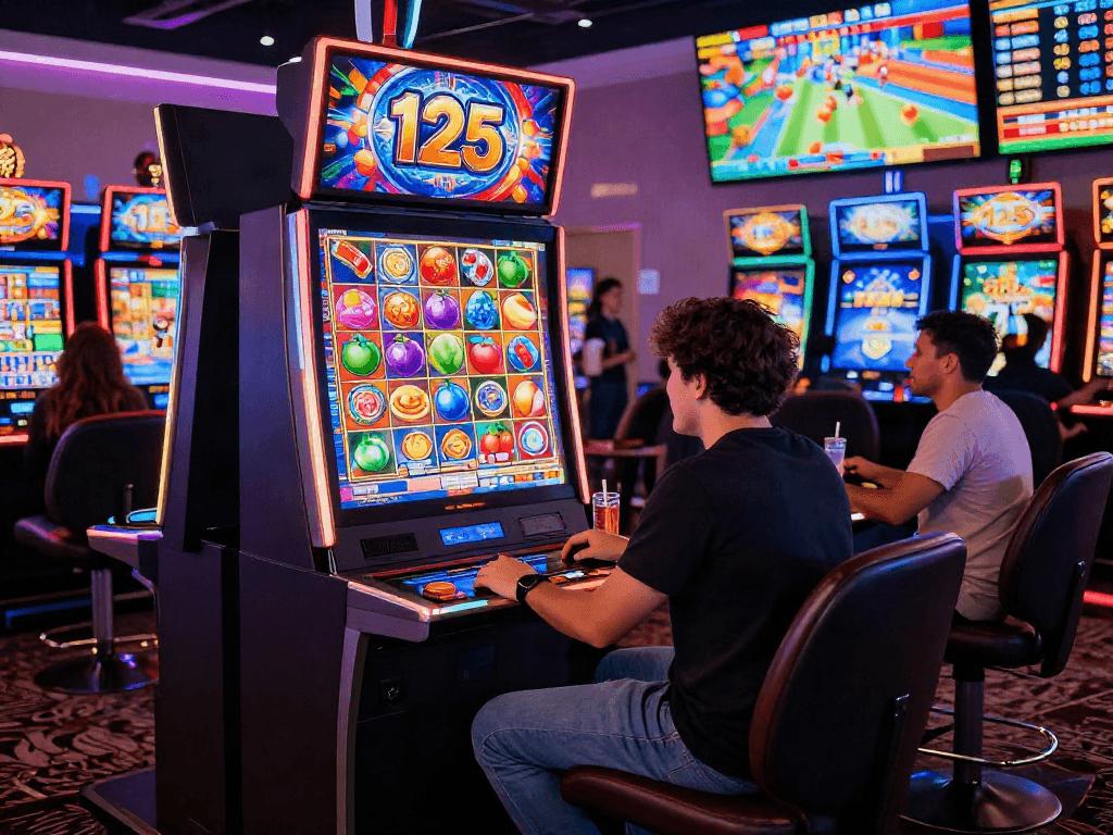Exciting slot125 casino gaming scene with vibrant slot machine lights and enthusiastic players.