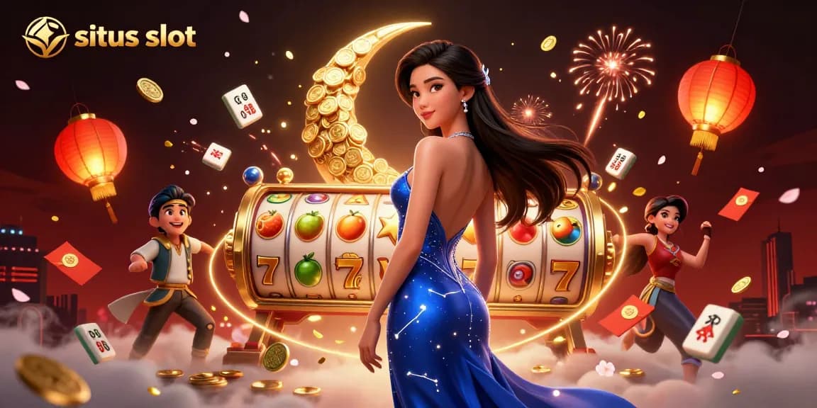 Experience thrilling situs slot gameplay with vibrant elements and a stunning Asian figure amidst dynamic casino visuals.