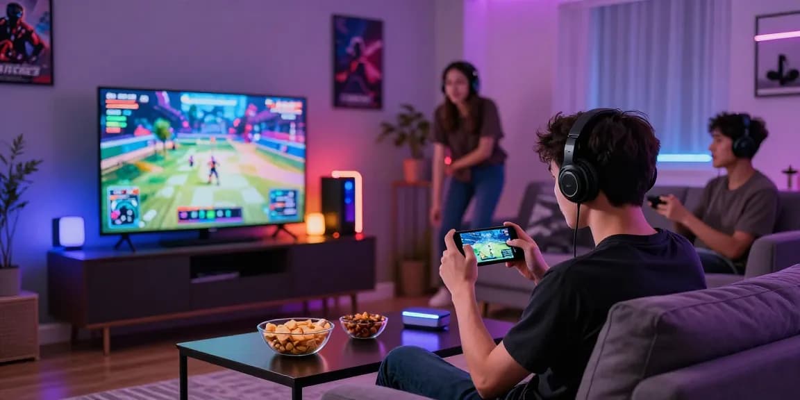Engaged player enjoying Newtown login gameplay on smartphone in cozy living room.