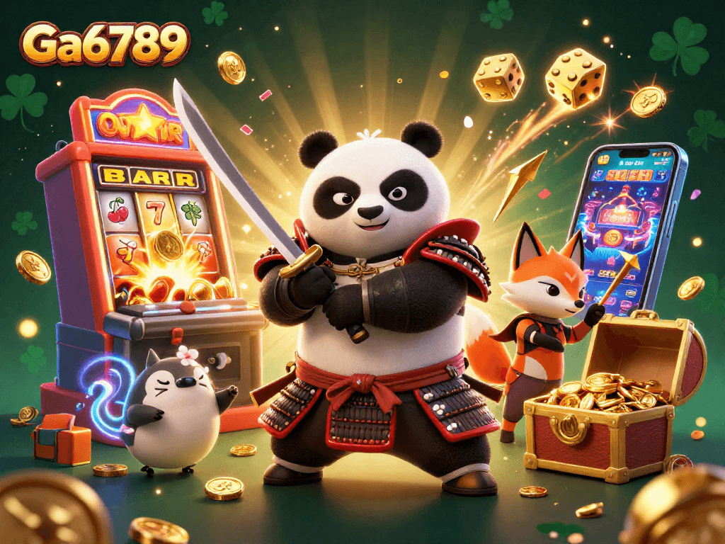 Ga6789 showcases a dynamic 3D illustration of a samurai panda and ninja fox in a casino explosion.