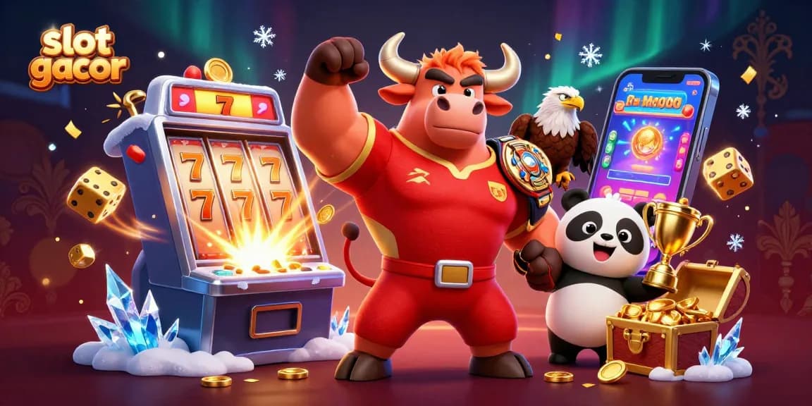 Experience slot gacor with a bull mascot, eagle, and panda celebrating a jackpot, surrounded by vibrant casino game elements.
