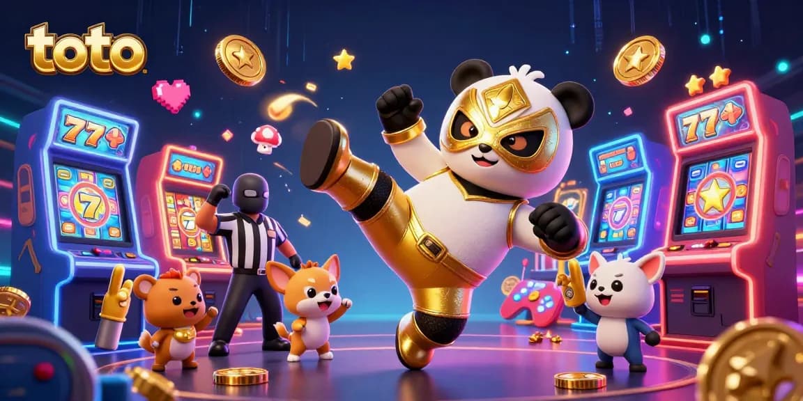 Engage with the exciting world of toto as a panda wrestler kicks toward a jackpot in a colorful casino.