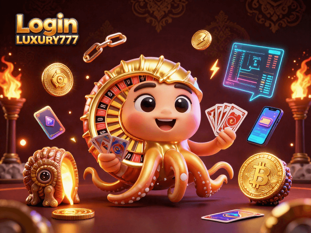 Masuk ke akun Login LUXURY777 dengan ilustrasi kasino digital yang megah dan elemen cryptocurrency.