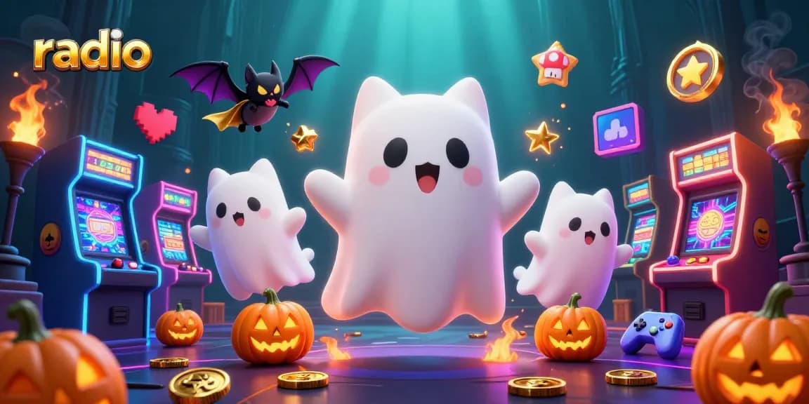 Engage with thrilling radio casino action featuring a floating ghost cat, bat, and glowing jack-o-lanterns in a vibrant scene.