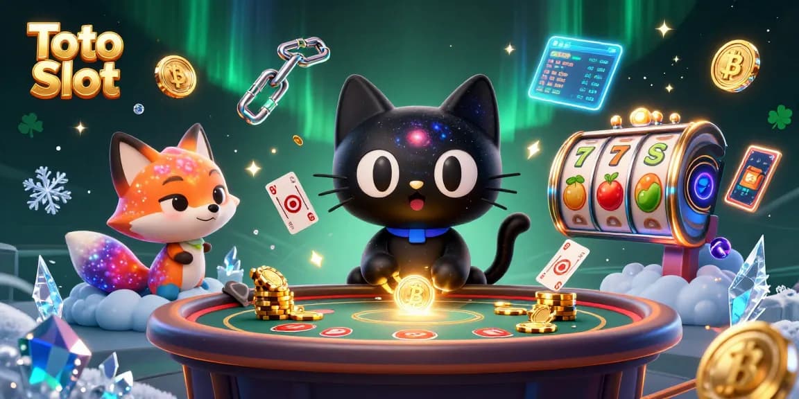 Toto Slot immersive scene with a black hole cat and colorful fox at a cosmic casino table.