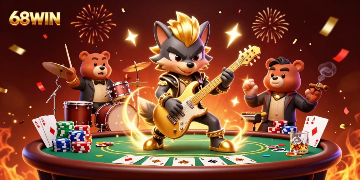 Experience thrilling gameplay with 68WIN as a rock star wolf electrifies the casino stage.