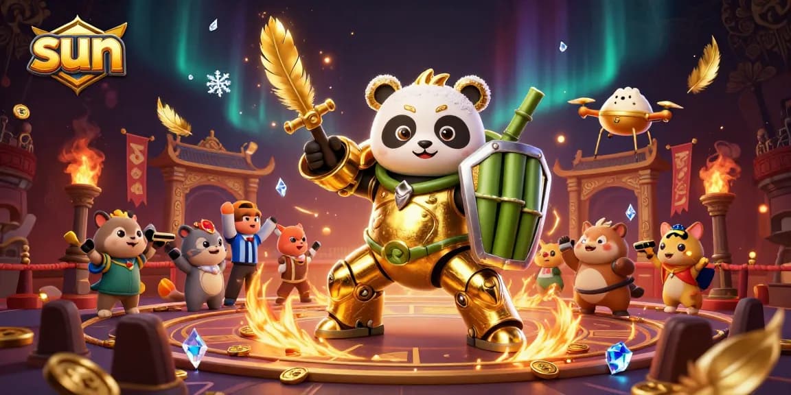 Engage in thrilling casino action with the sun-themed mech-suit panda in a packed arena.