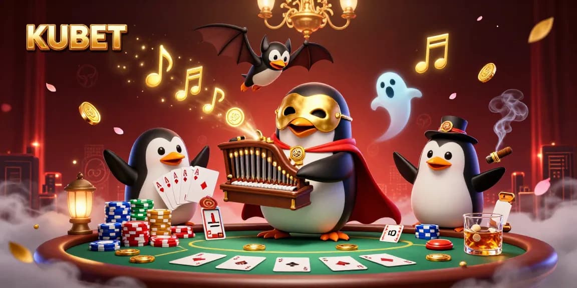 KUBET casino penguin plays an organ shooting gold coins, amidst poker tables and vibrant game elements.